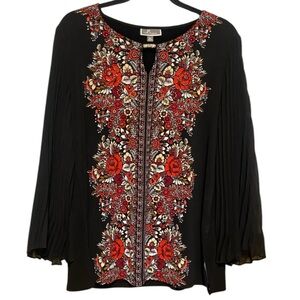 Women’s top size P/L  Pleated bell sleeves, red roses, sequins that glisten!